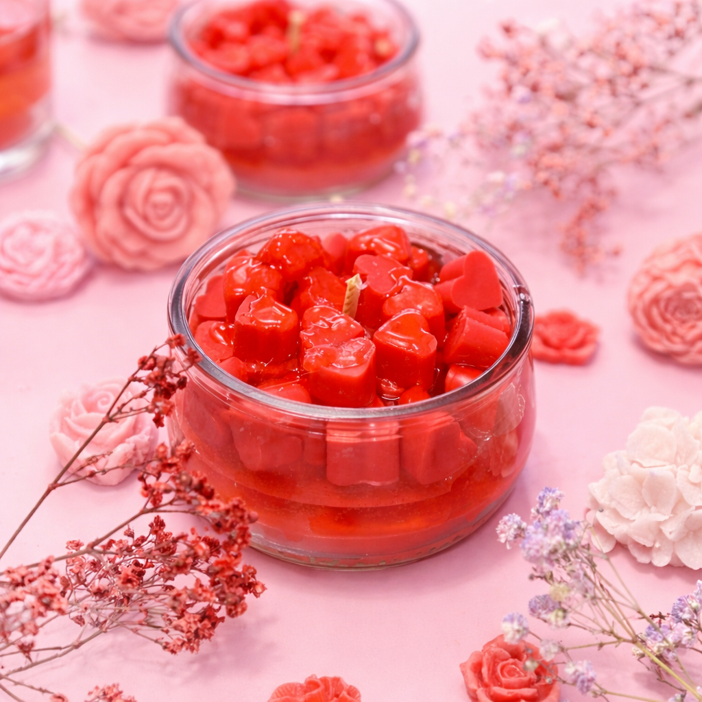 Red heart-shaped candles in glass jars on a pink floral background