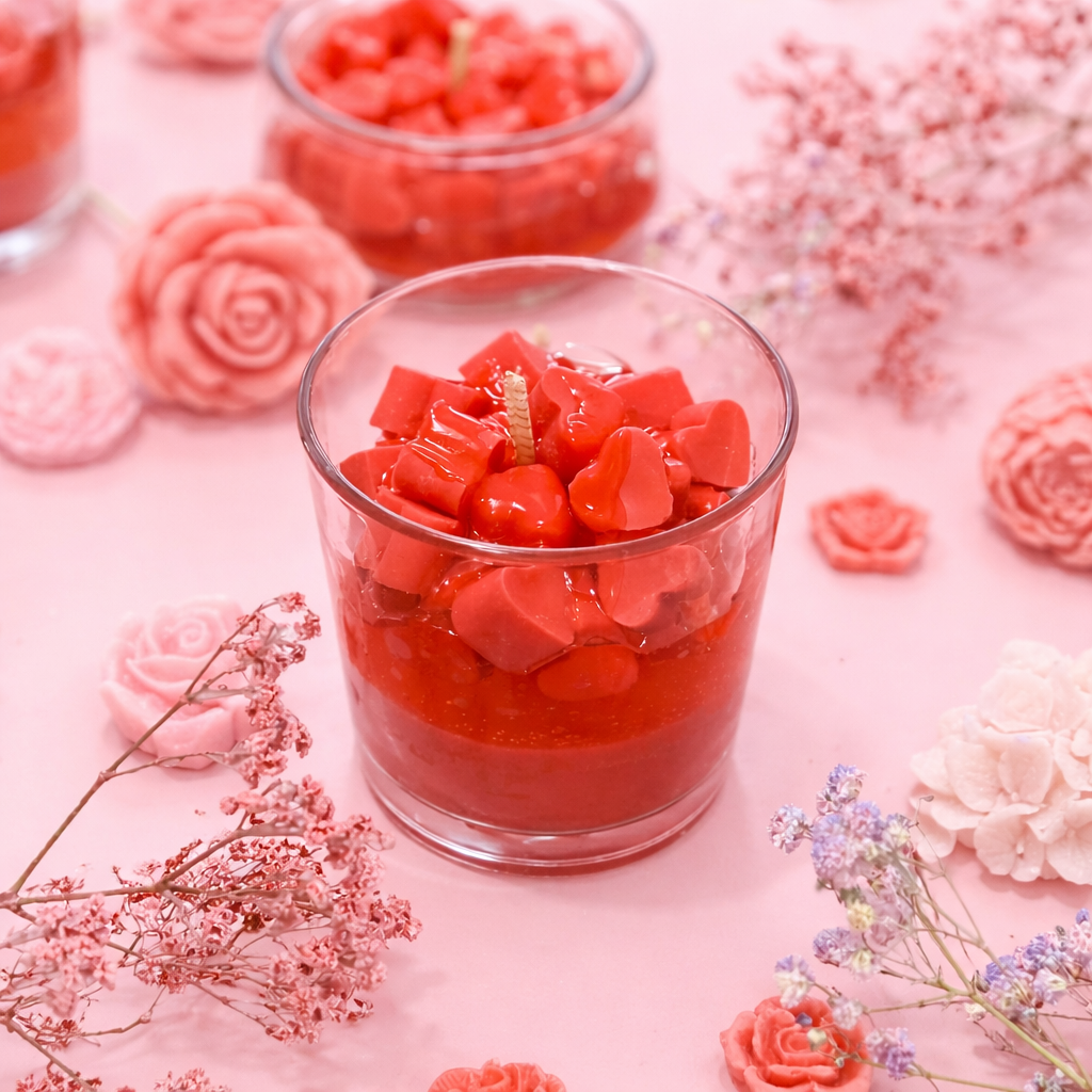 Red heart-shaped candles in glass containers on a pink floral background