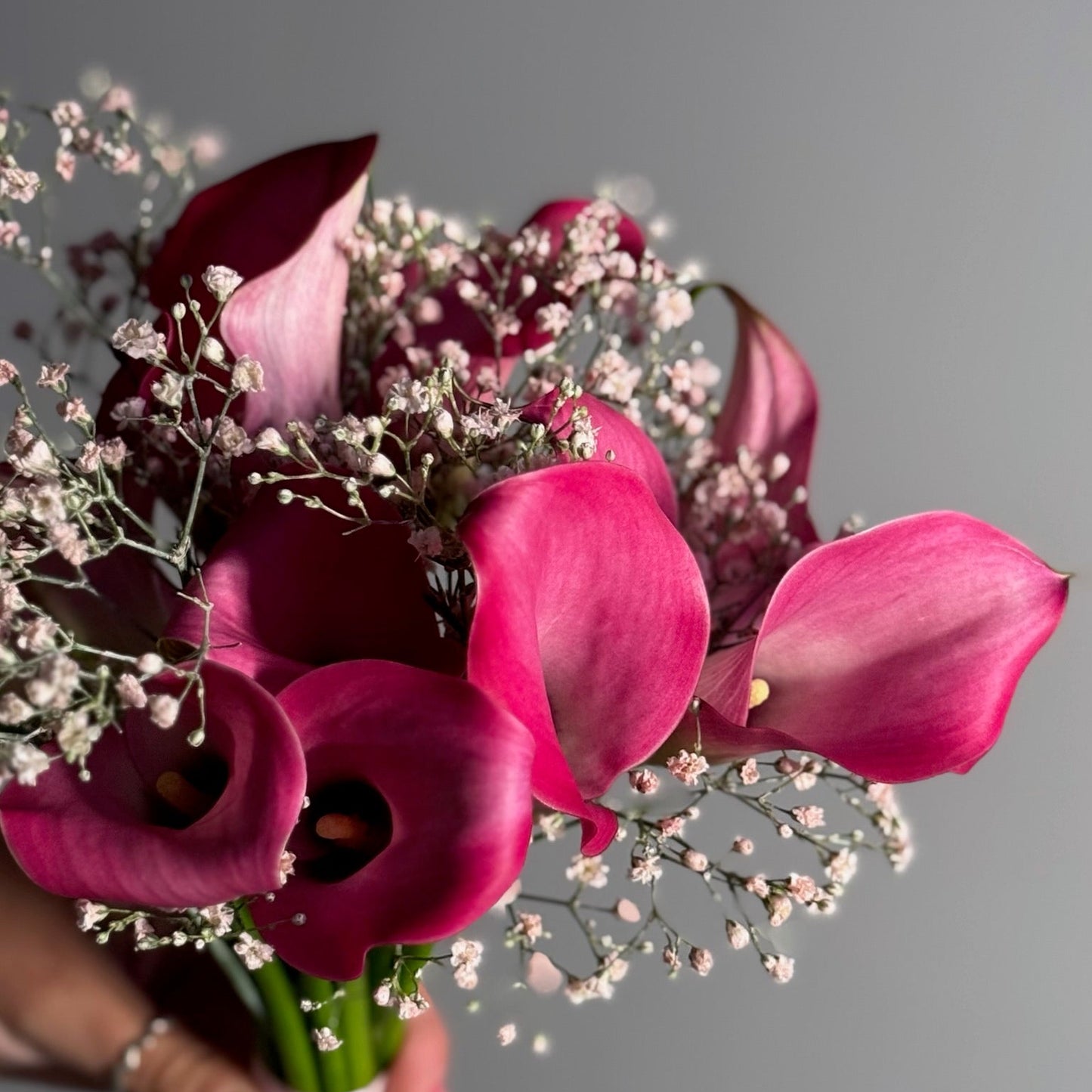 Bouquet of pink and purple flowers held by a person against a gray background