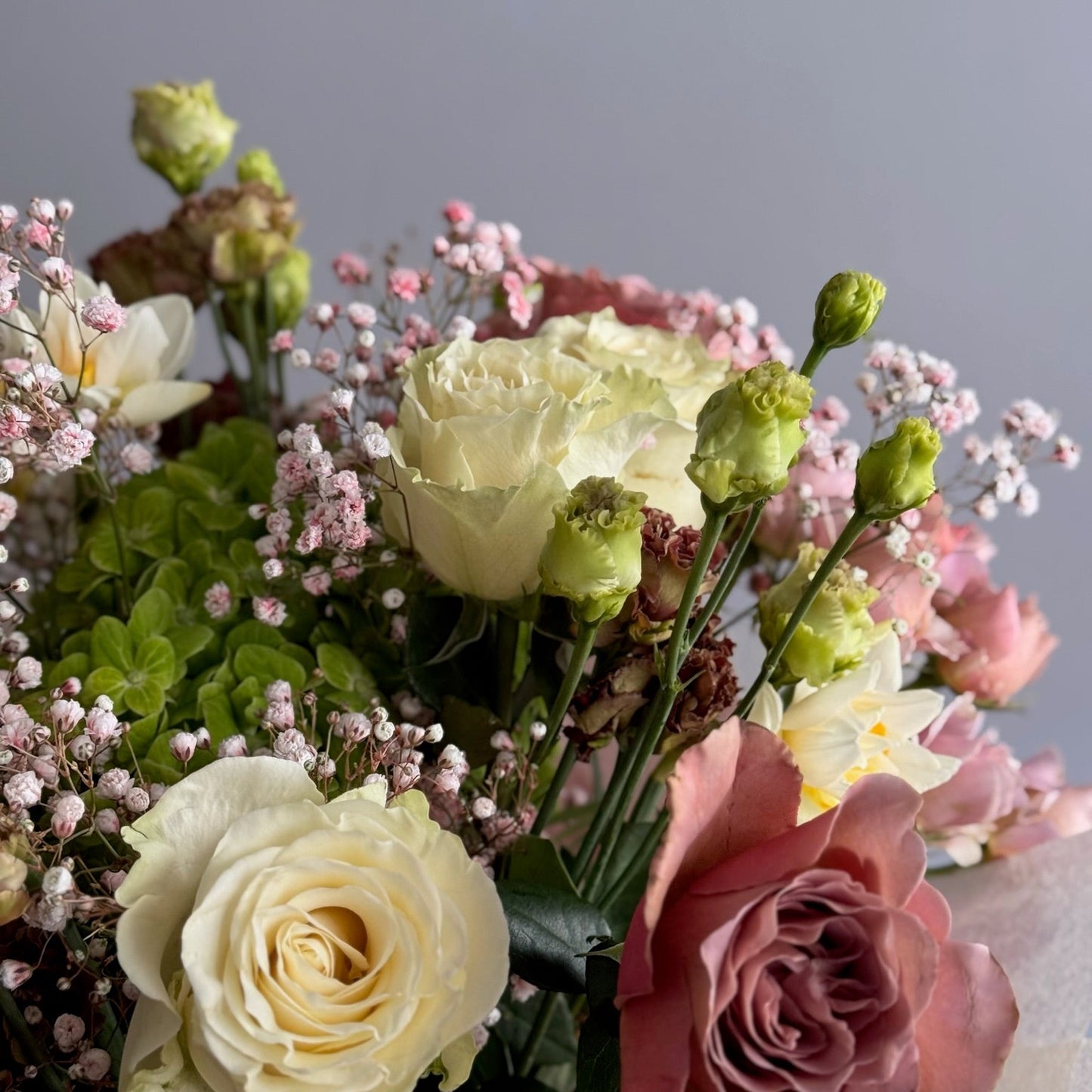 Bouquet of flowers with roses and hydrangeas on a light gray background