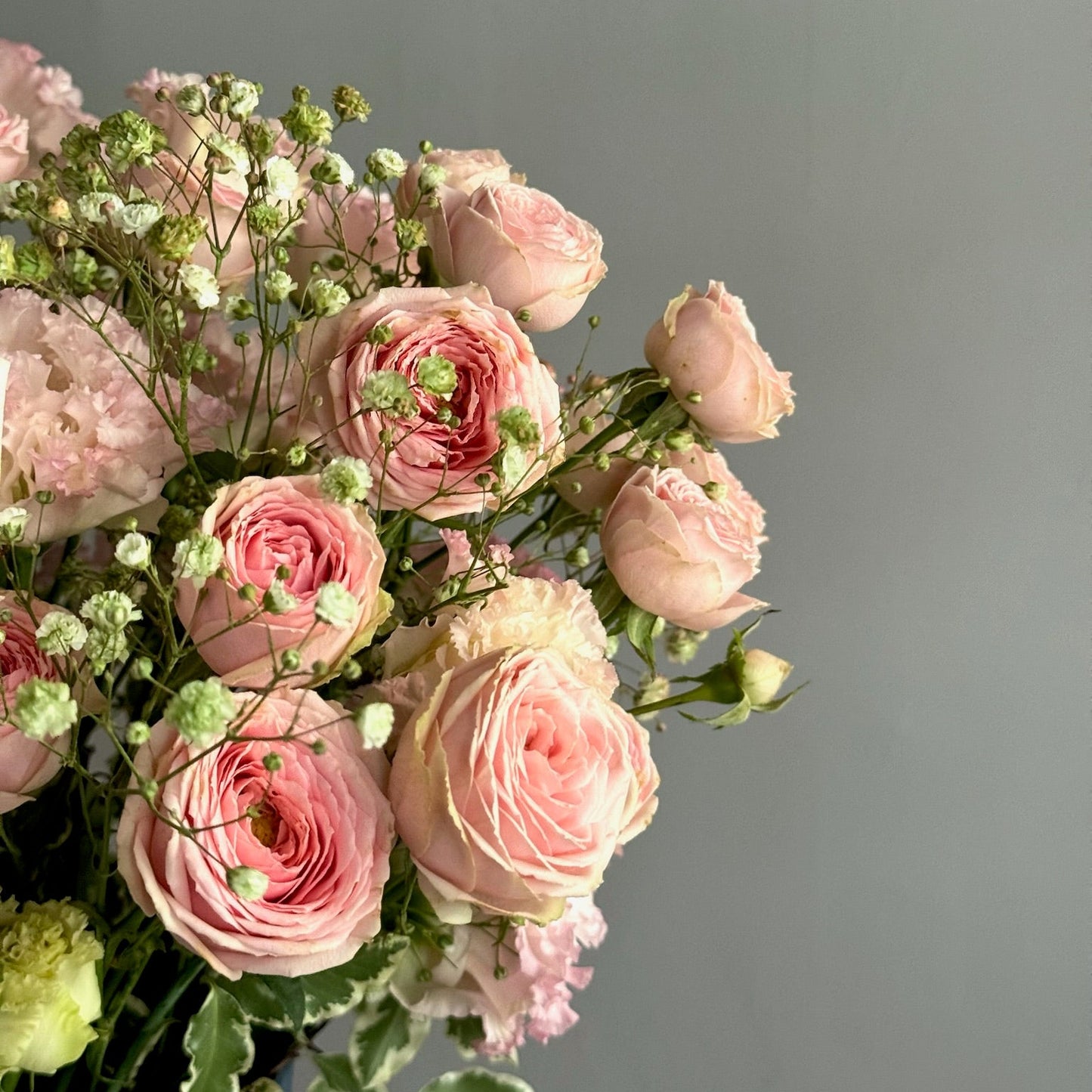 Bouquet of pink flowers with a gray background