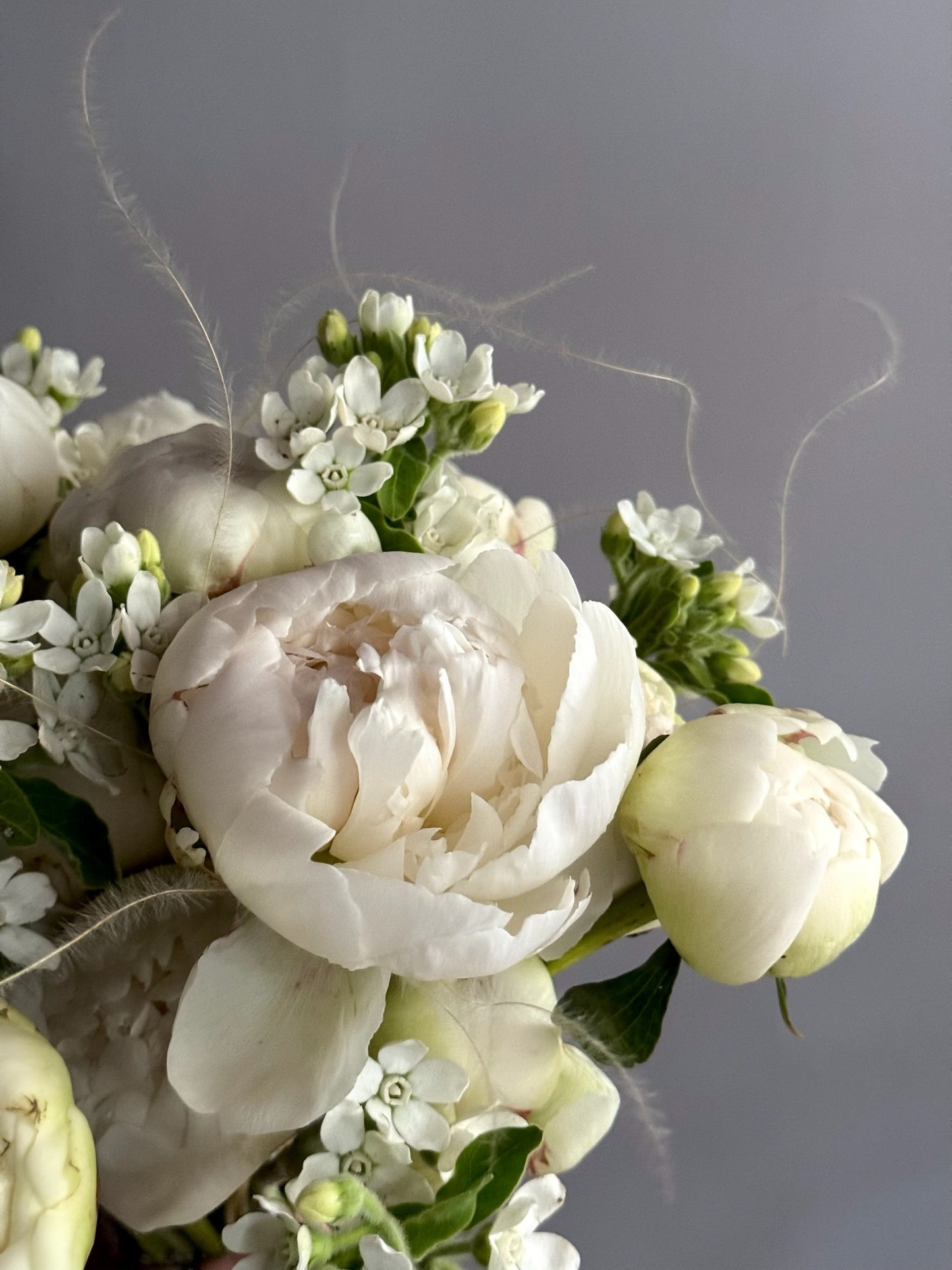Close-up of a bouquet with white flowers and green leaves on a dark background