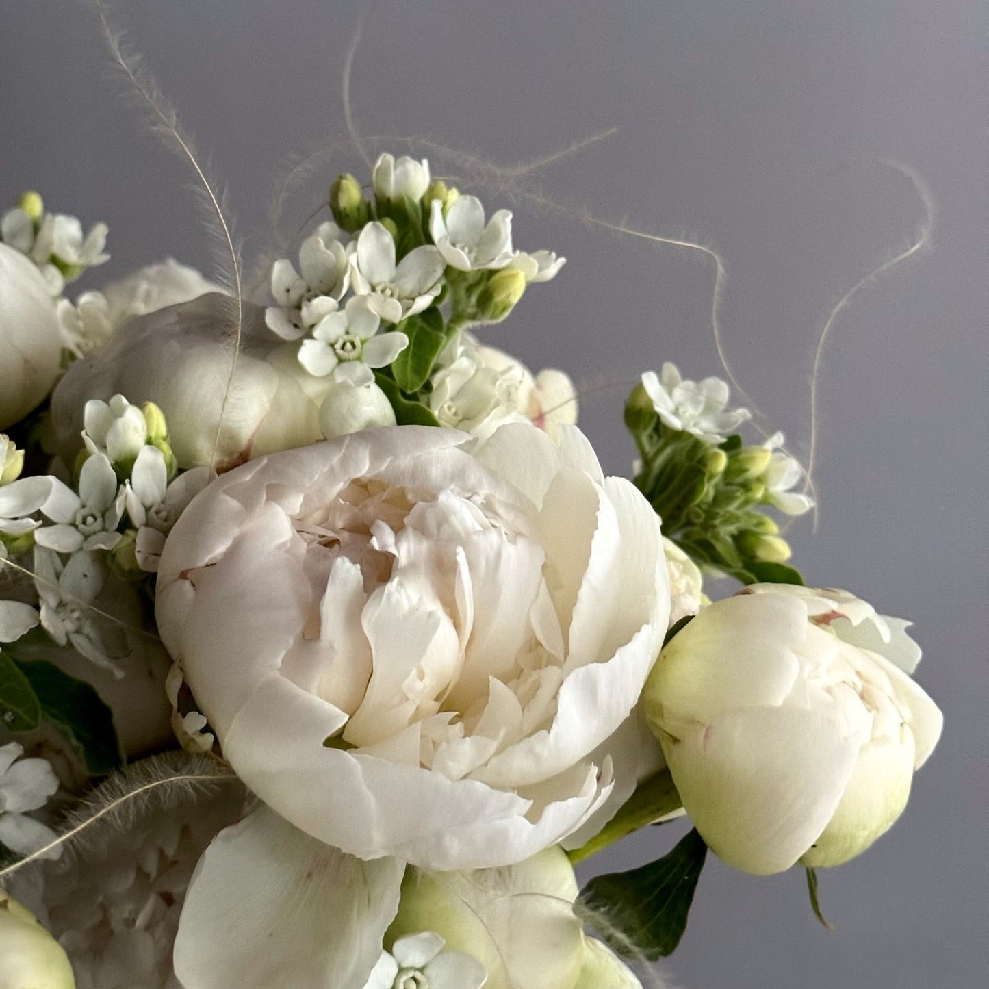 Close-up of a bouquet with white flowers and green leaves on a dark background