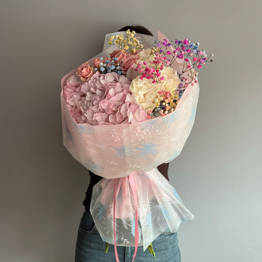 Person holding a large bouquet of flowers wrapped in cellophane with pink ribbons against a plain background