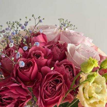 Bouquet of red and pink roses with greenery on a light gray background