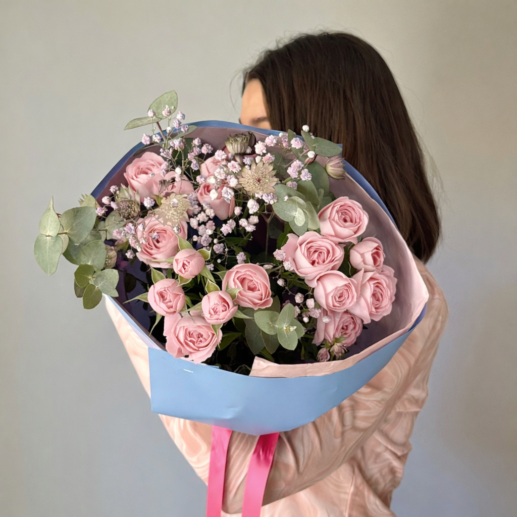 Person holding a bouquet of pink roses wrapped in blue paper with a pink ribbon against a neutral background