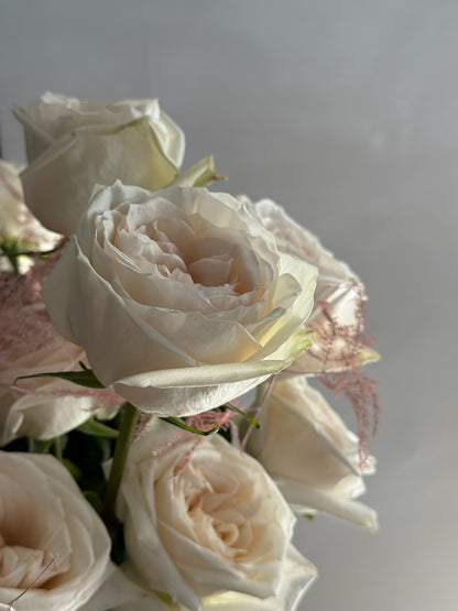 Close-up of white and pink roses on a light gray background